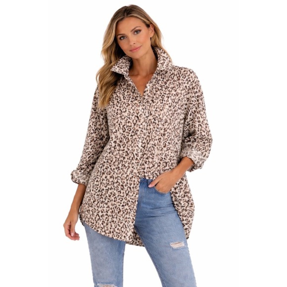 Chicos Leopard Print Button Down Shirt Cotton Long Sleeve 1 Preppy Chic 73-45